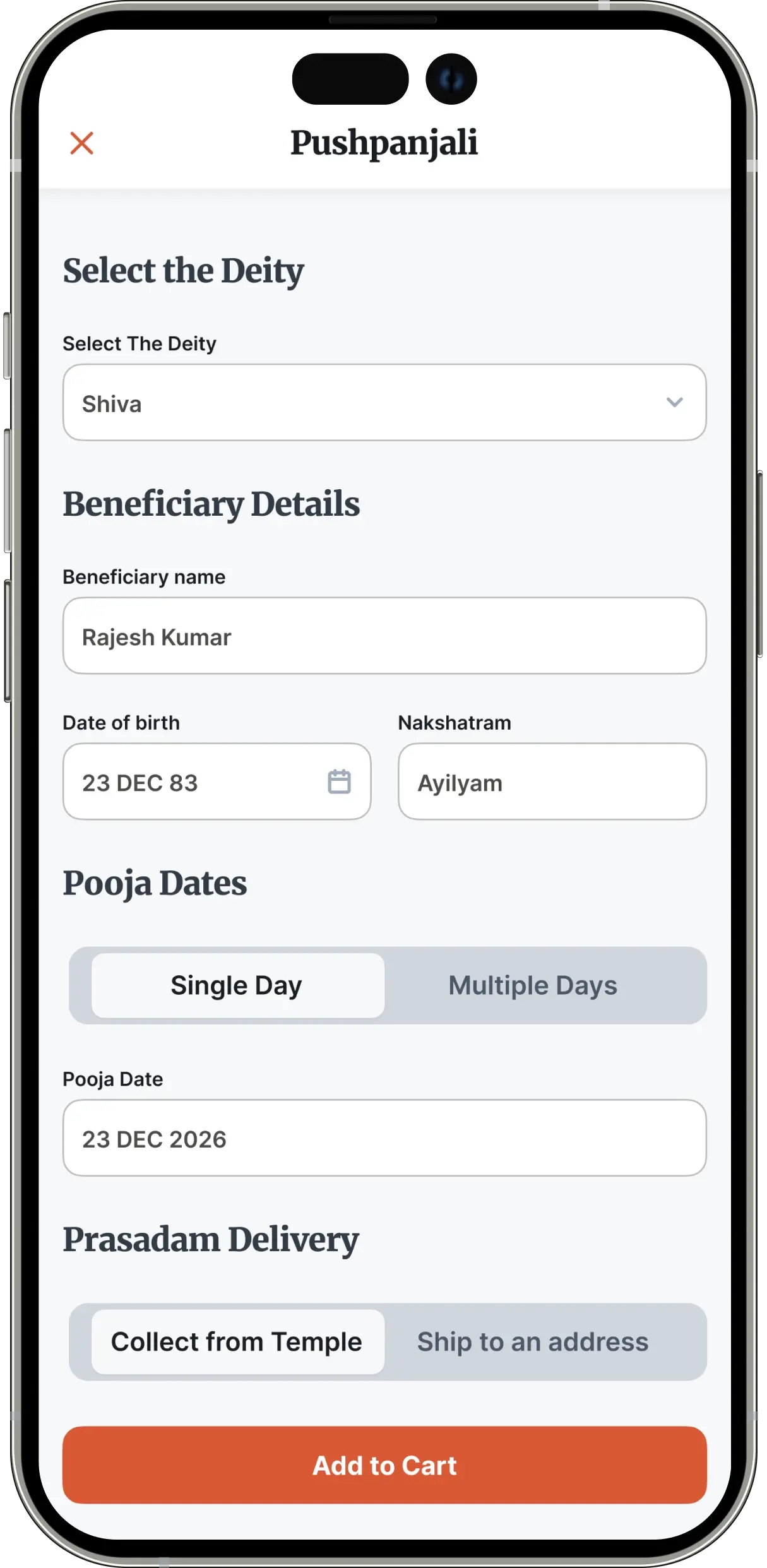 Ritual booking screen with deity selection, beneficiary details, and shipping information