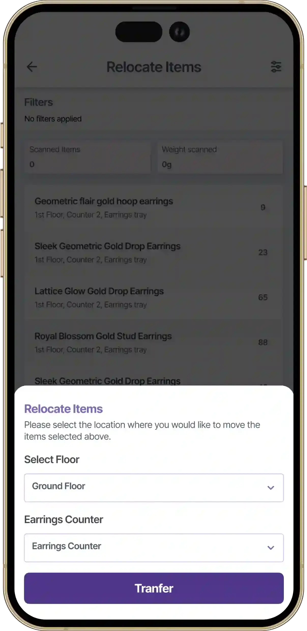 Confirmation screen to verify and complete relocation of scanned jewellery items
