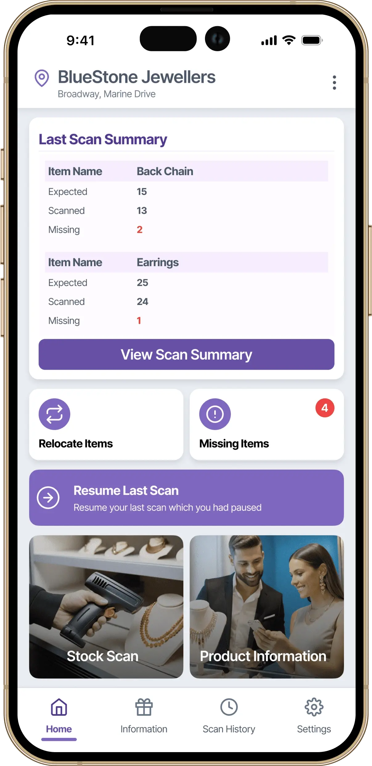 Initial home screen design for RFID jewellery stock management app showing scan and inventory actions