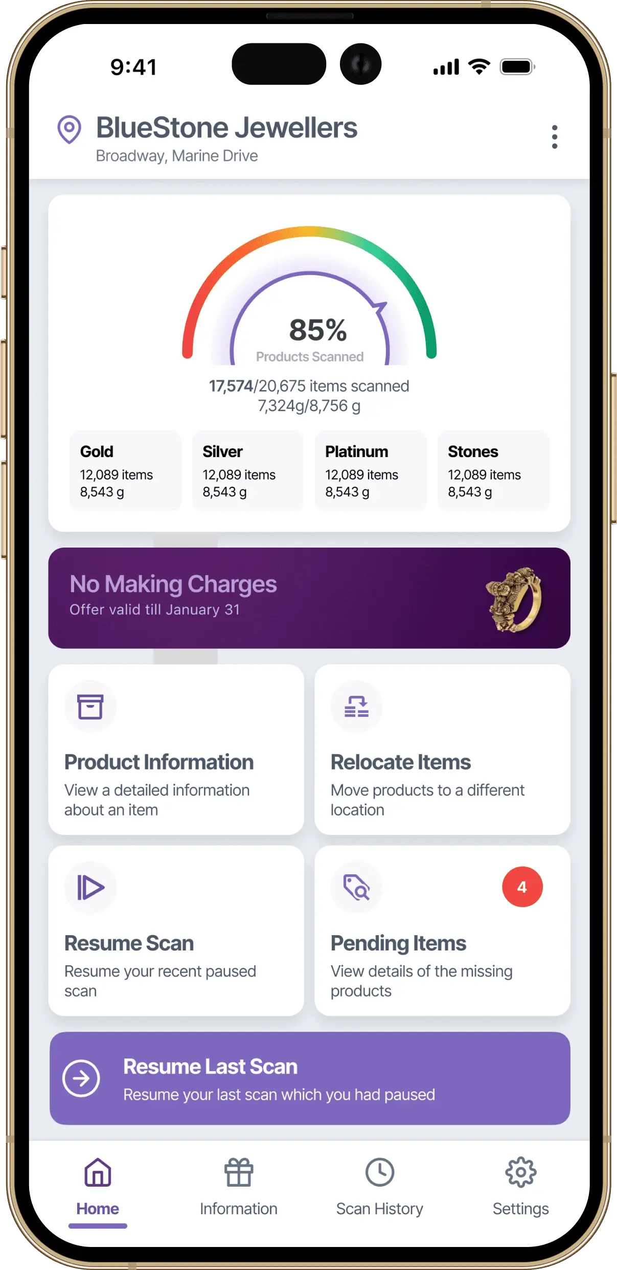 Initial home screen design for RFID jewellery stock management app showing scan and inventory actions