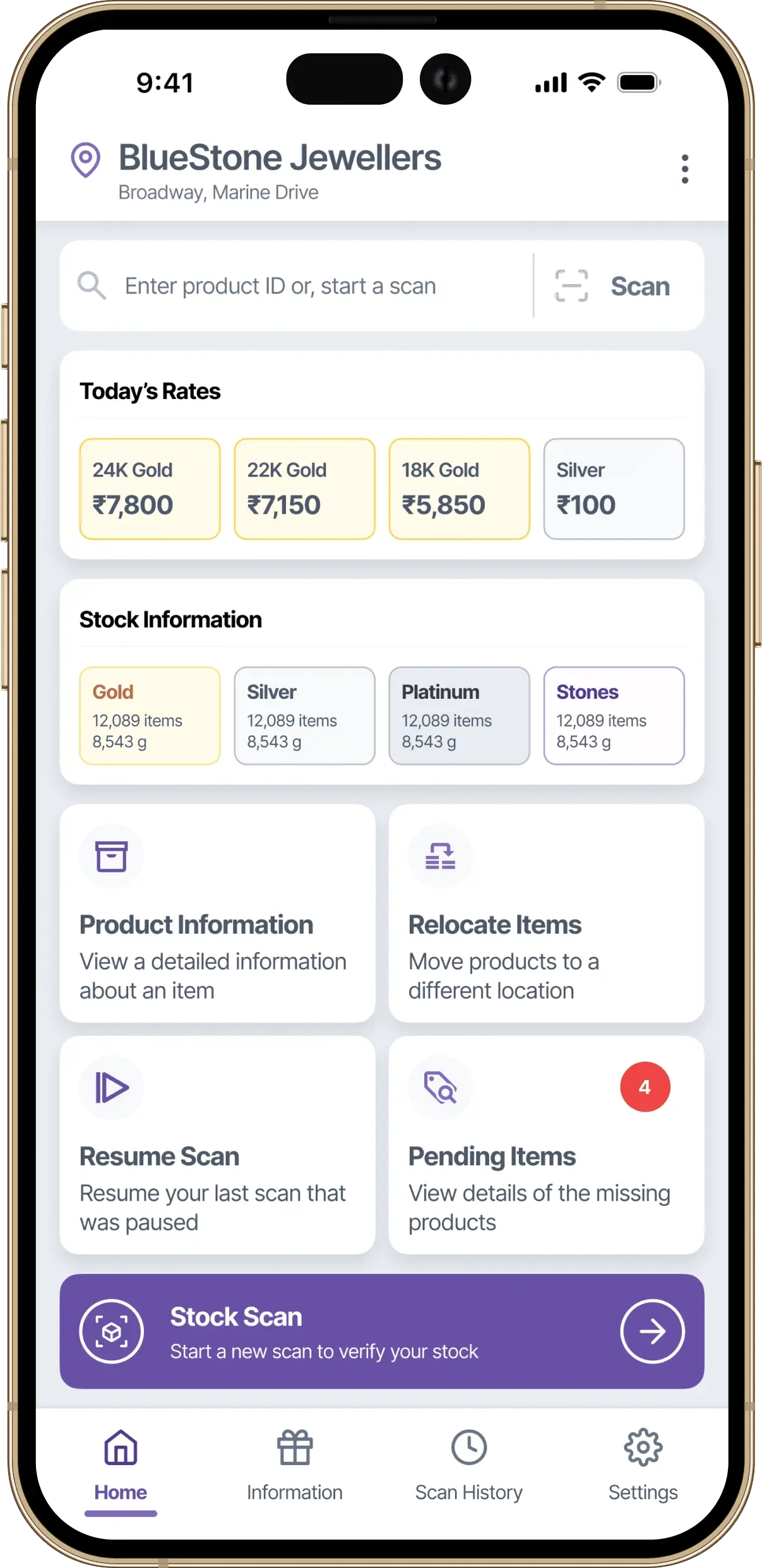 Initial home screen design for RFID jewellery stock management app showing scan and inventory actions