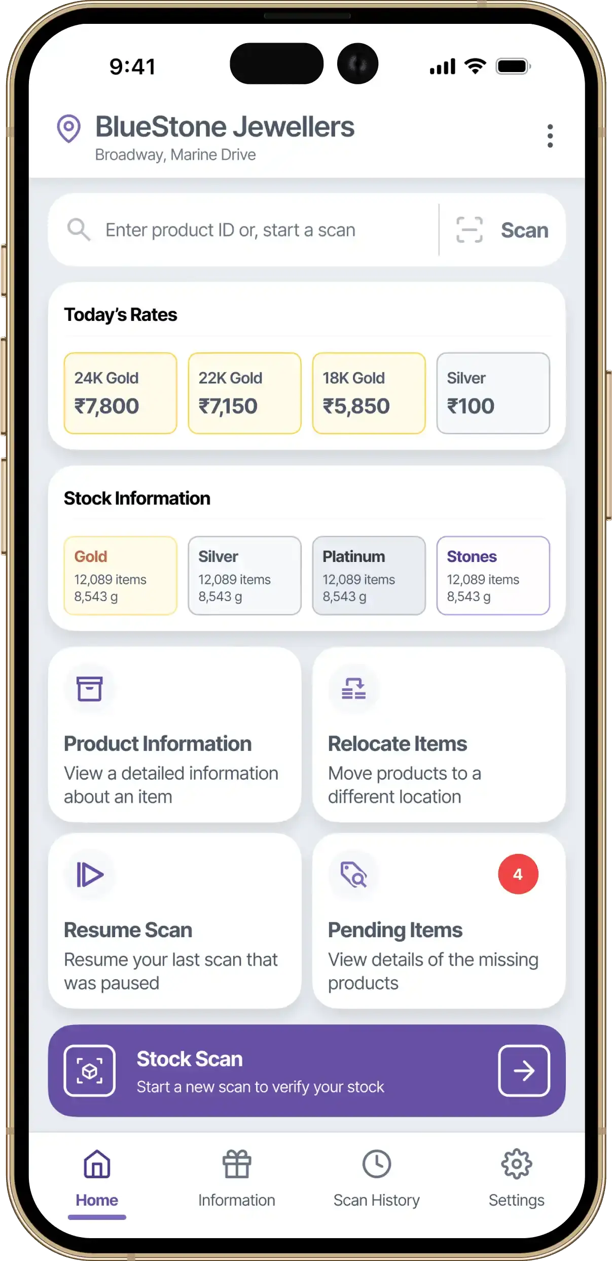 Home screen of RFID jewellery stock scanning app with option to start new scan and view recent audit summary