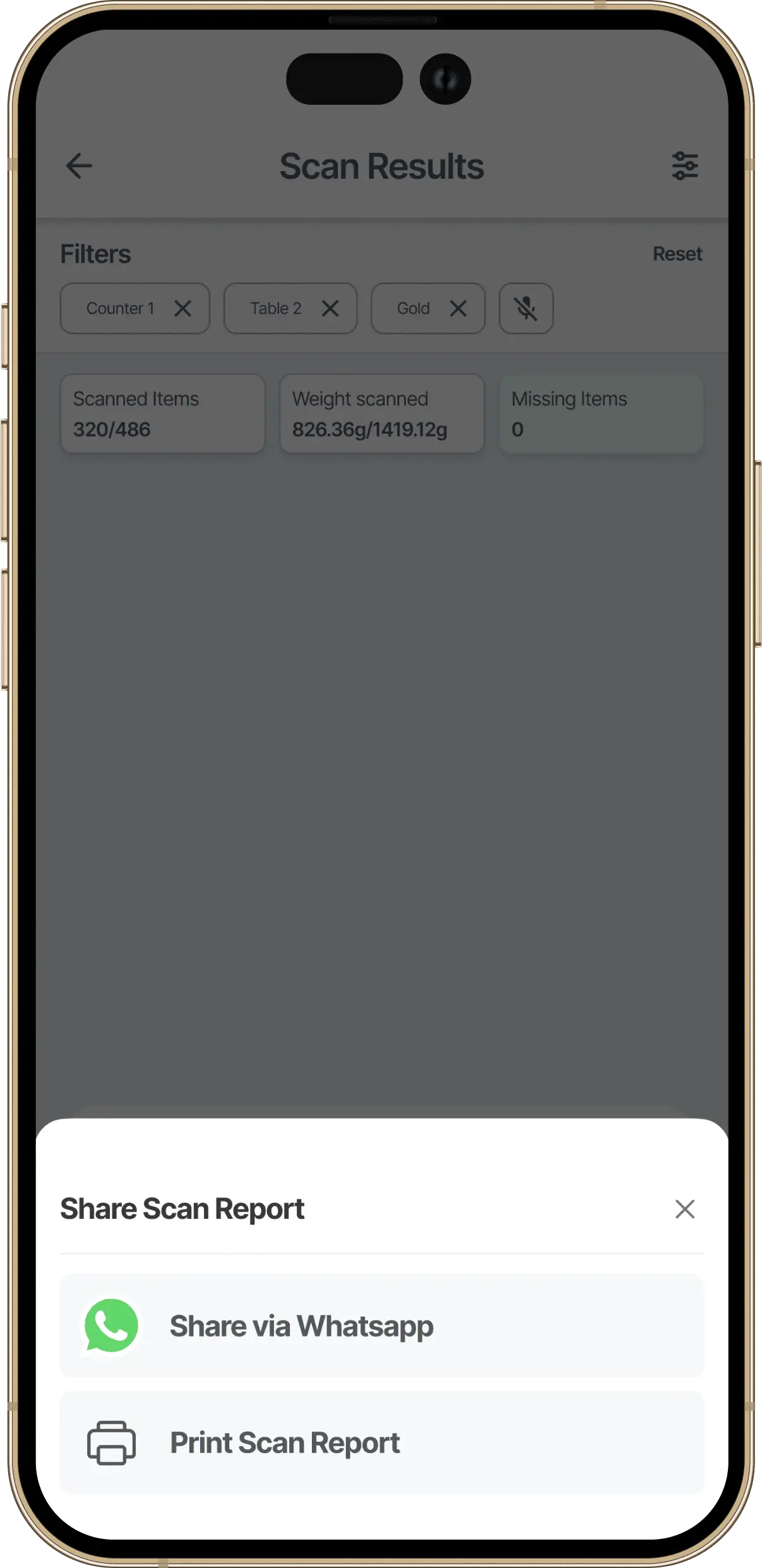 Share scan report screen for RFID jewellery stock audit allowing results to be sent to manager or owner