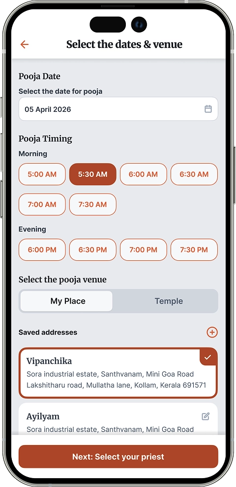 Screen to select the timing and venue - priest booking