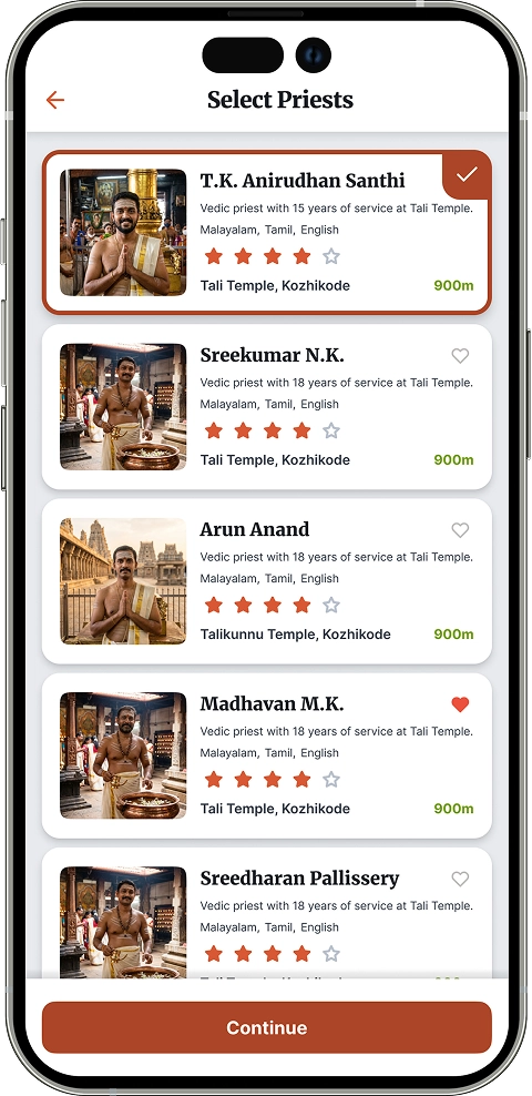 Screen showing nearby priests who perform the selected ritual and are available on the selected day