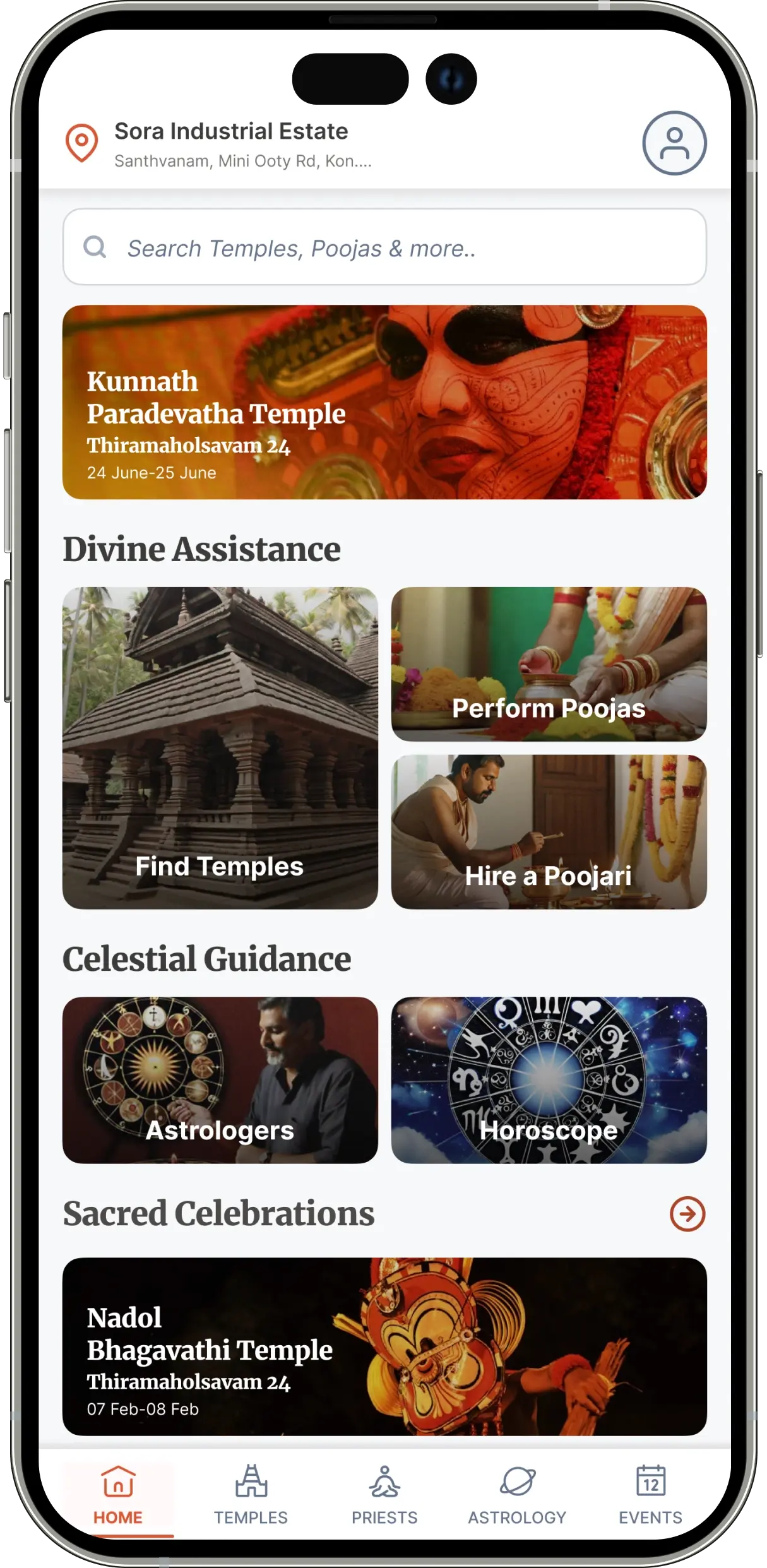Mobile app screens of Temple Connect showcasing temple discovery, step-by-step ritual learning, and spiritual services