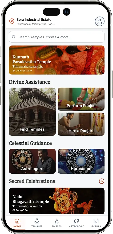 Mobile app screens of Temple Connect showcasing temple discovery, step-by-step ritual learning, and spiritual services