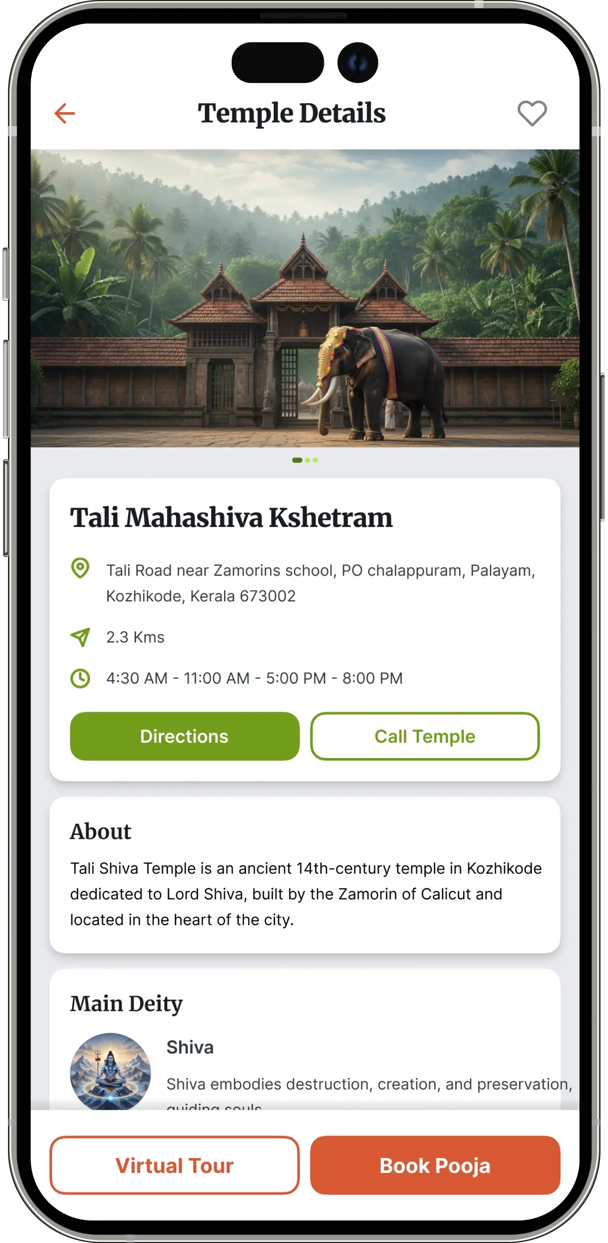 Temple details screen displaying temple information, history, and booking option